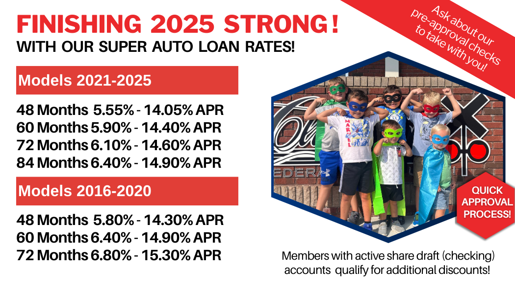 Click for more details Finishing 2025 Strong! with our Super Auto Loan Rates! List of rates with image of kids dressed up as super heros in front of the Cliinchfield logo.